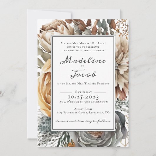 Invitation Mariage DE SCRIPT FRONTALIER FLORAL DE COULEUR D'E (Devant)