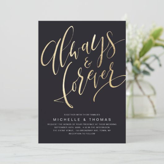 Invitation Mariage de script Gold et Black Always and Forever (Debout devant)