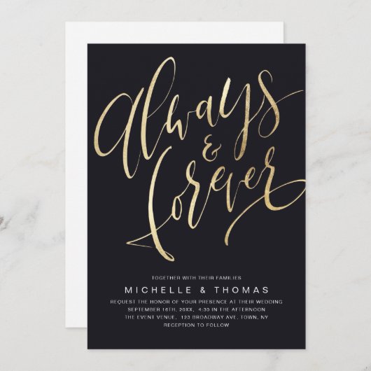 Invitation Mariage de script Gold et Black Always and Forever (Devant / Derrière)