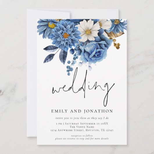 Invitation Mariage de script informel Navy Blue Florals (Devant)