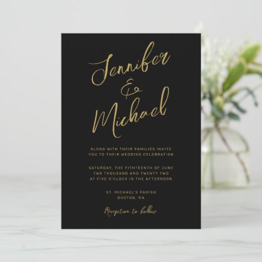 Invitation Mariage de script lettres d'or noir moderne (Debout devant)