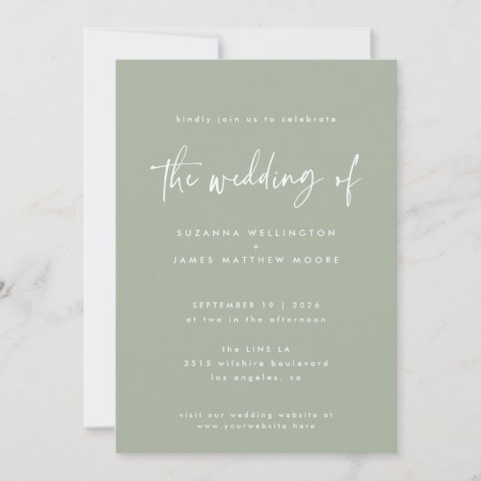 Invitation Mariage de script manuscrit minimal vert Sage (Devant)