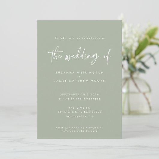 Invitation Mariage de script manuscrit minimal vert Sage (Debout devant)