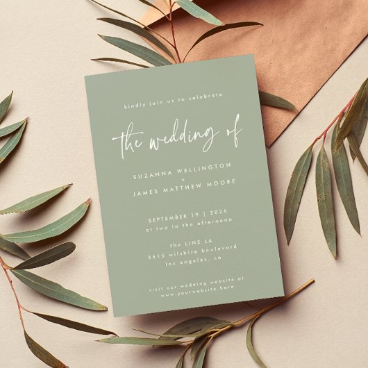 Invitation Mariage de script manuscrit minimal vert Sage