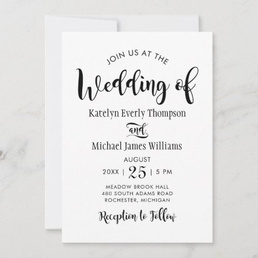 Invitation Mariage de script manuscrit noir moderne (Devant)