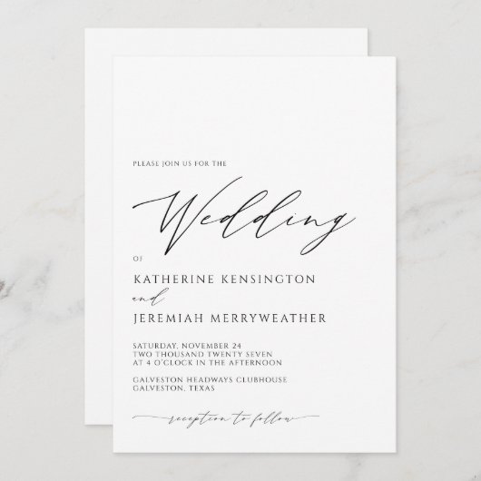 Invitation Mariage de script minimaliste sophistiqué moderne (Devant / Derrière)