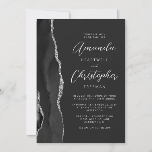 Invitation Mariage de script moderne Black Silver Agate (Devant)