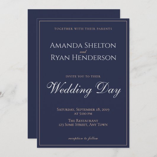 Invitation Mariage de script moderne élégant de minuit bleu (Devant / Derrière)