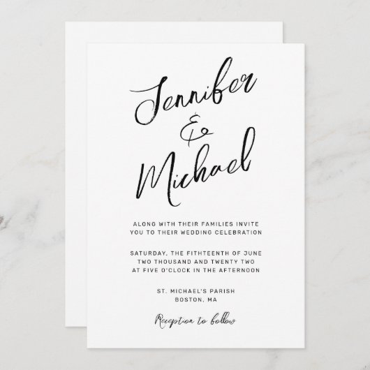 Invitation Mariage de script moderne en noir blanc (Devant / Derrière)