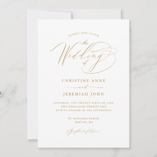 Invitation Mariage de script moderne en or blanc simple (Devant)