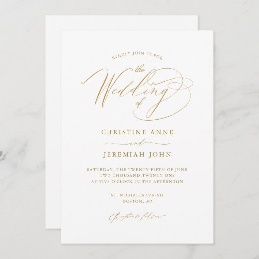 Invitation Mariage de script moderne en or blanc simple (Devant / Derrière)