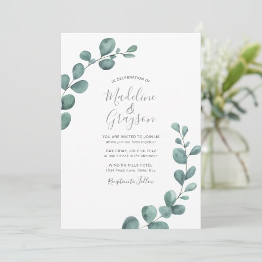 Invitation Mariage de script moderne Eucalyptus Greenery (Debout devant)