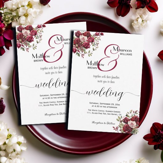 Invitation Mariage de script moderne floral de Bourgogne