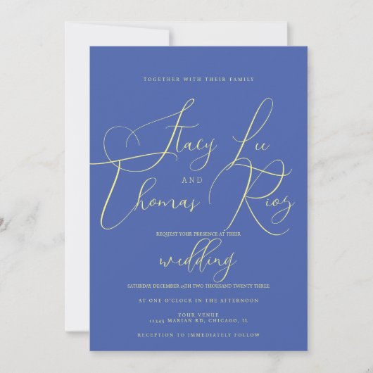 Invitation Mariage de script moderne Gras Bleu Jaune (Devant)