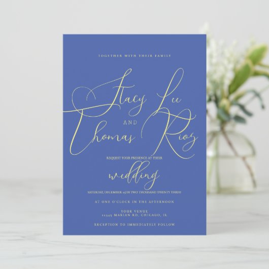 Invitation Mariage de script moderne Gras Bleu Jaune (Debout devant)
