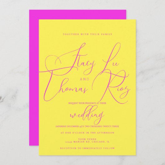 Invitation Mariage de script moderne Gras brillant rose jaune (Devant / Derrière)