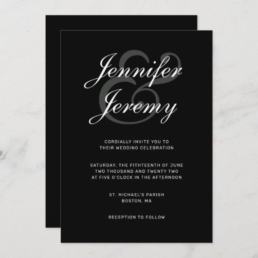 Invitation Mariage de script moderne noir élégant blanc gris (Devant / Derrière)