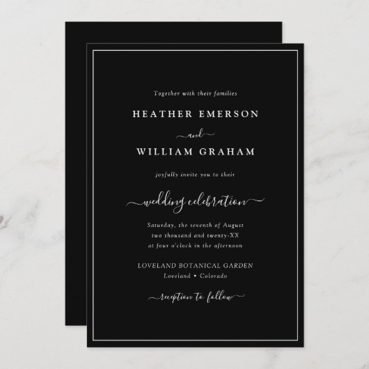Invitation Mariage de script noir et blanc (Devant / Derrière)
