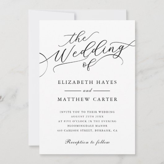 Invitation Mariage de script noir et blanc classique (Devant)