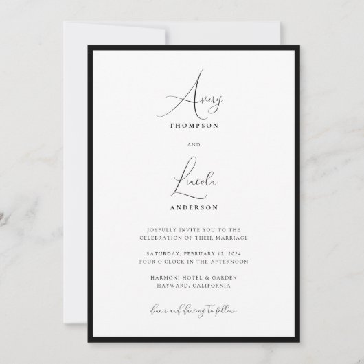 Invitation Mariage de script noir et blanc simple et élégant (Devant)