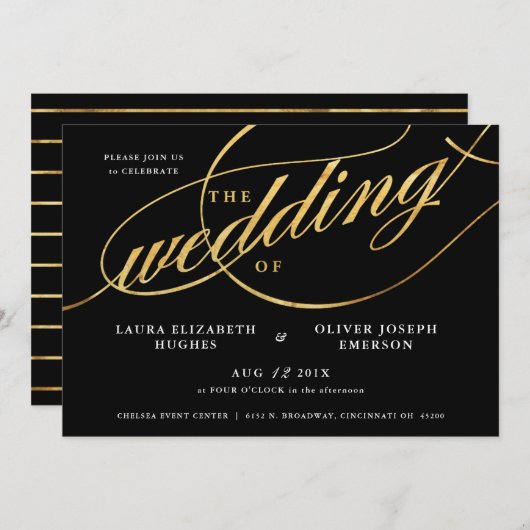 Invitation Mariage de script noir et or moderne unique (Devant / Derrière)