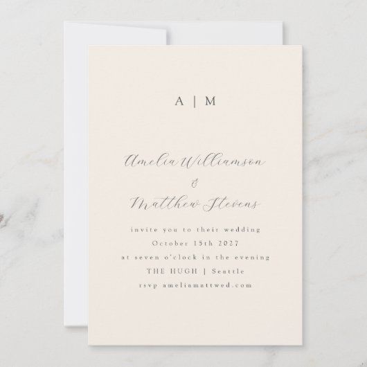 Invitation Mariage de script noir monogramme ivoire classique (Devant)