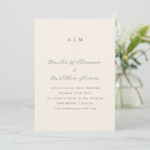 Invitation Mariage de script noir monogramme ivoire classique
