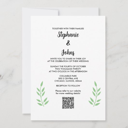 Invitation Mariage de script noir QR Code Sage Green Feuille (Devant)