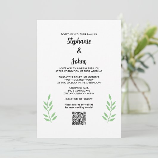 Invitation Mariage de script noir QR Code Sage Green Feuille (Debout devant)
