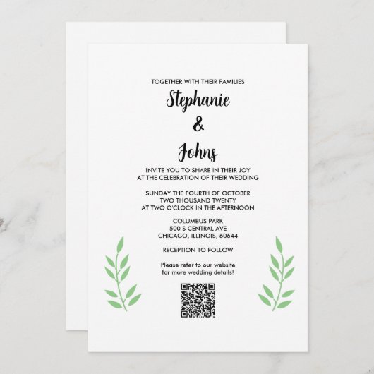 Invitation Mariage de script noir QR Code Sage Green Feuille (Devant / Derrière)