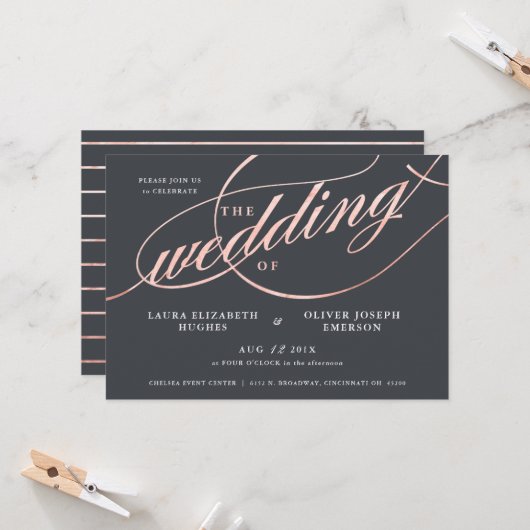 Invitation Mariage de script or Rose moderne simple (Devant/Arrière en situation)