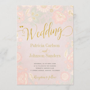 Invitation Mariage de script Peach Cream et Blush Spring Gold