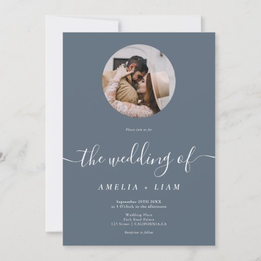 Invitation Mariage de script photo bleu simple et élégant (Devant)