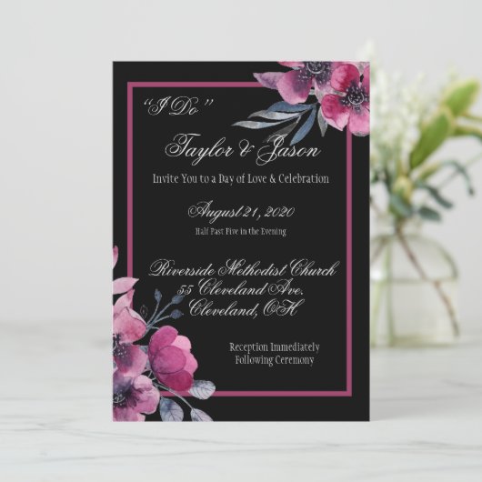 Invitation Mariage de script romantique noir et rose (Debout devant)