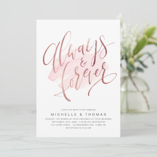 Invitation Mariage De Script rose Gold Blush Toujours Et Fore (Debout devant)