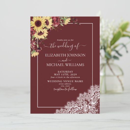 Invitation Mariage de script rustique de tournesol bordeaux (Debout devant)