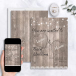 Invitation Mariage de script Rustique en dentelle de bois<br><div class="desc">Créez la faire-part de mariage parfaite avec ce design moderne en bois rustique avec des lampes à cordes,  dentelle. et nom dans les coeurs d'amour sculptés. Pour les produits correspondants,  contactez le concepteur via Zazzle Designer Conversation. Copyright Invitations élégants,  tous droits réservés.</div>