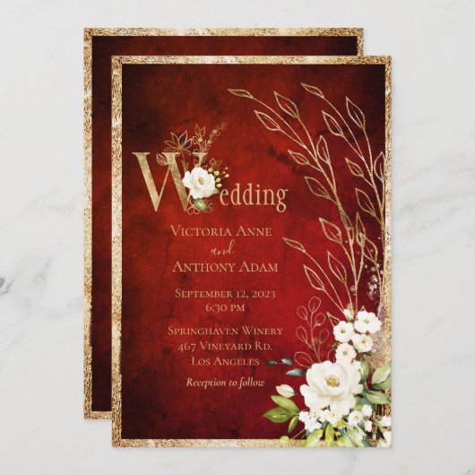 Invitation Mariage de script rustique Gold Red Floral (Devant / Derrière)
