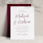 Invitation Mariage de script simple Bourgogne<br><div class="desc">Invitations minimalistes de mariage avec vos noms affichés dans un script bordeaux simple avec vos détails mariages ci-dessous. L'invitation revient à un solide arrière - plan bordeaux.</div>