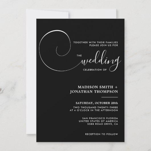 Invitation Mariage de script simple moderne noir et blanc (Devant)