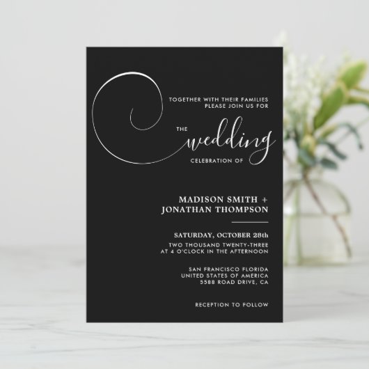 Invitation Mariage de script simple moderne noir et blanc (Debout devant)