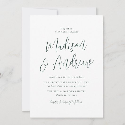 Invitation Mariage de script vert de forêt simple (Devant)