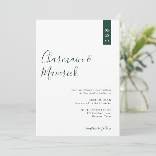 Invitation Mariage de script vert émeraude minimal (Debout devant)