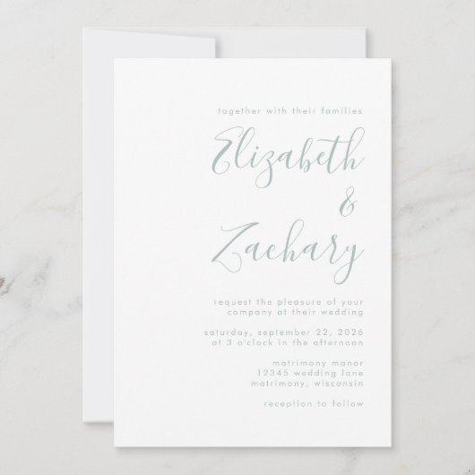 Invitation Mariage de script vert en verre de mer moderne (Devant)