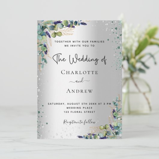 Invitation Mariage de script vert Eucalyptus Argent (Debout devant)