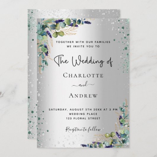Invitation Mariage de script vert Eucalyptus Argent (Devant / Derrière)