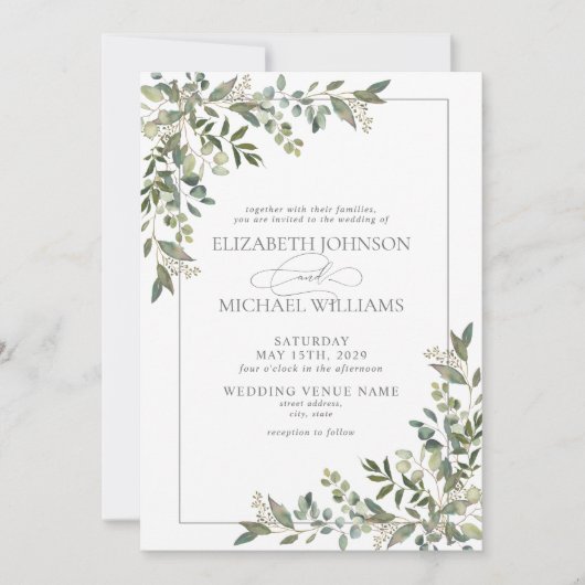 Invitation Mariage de script vert Eucalyptus Botanical Sage (Devant)