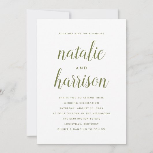 Invitation Mariage de script vert olive moderne simple (Devant)