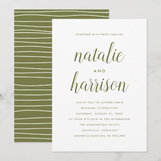 Invitation Mariage de script vert olive moderne simple (Devant / Derrière)
