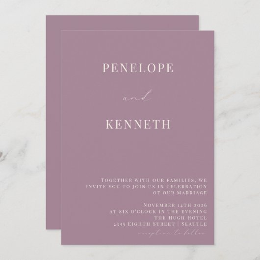 Invitation Mariage de script violet classique élégant Dusty (Devant / Derrière)